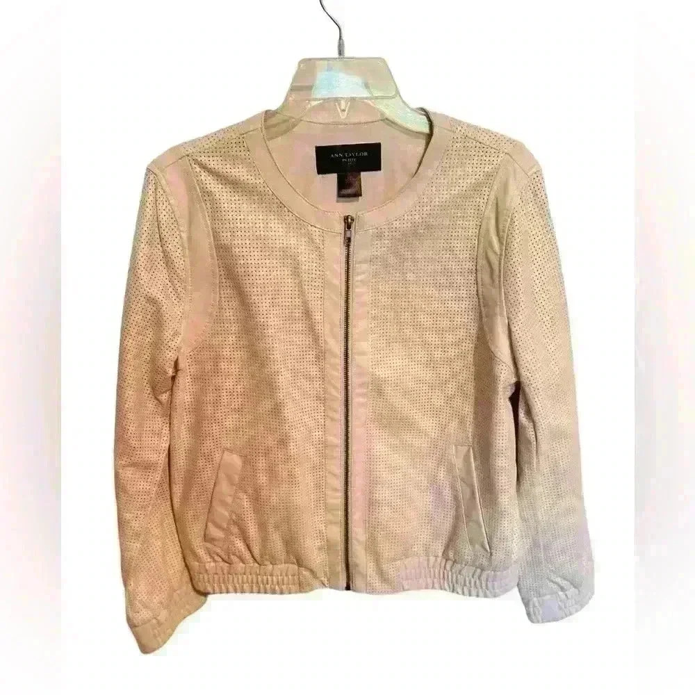 Ann Taylor Cream Colored Pleather Bomber Summer Jacket Size Large Petite - Picture 1 of 4